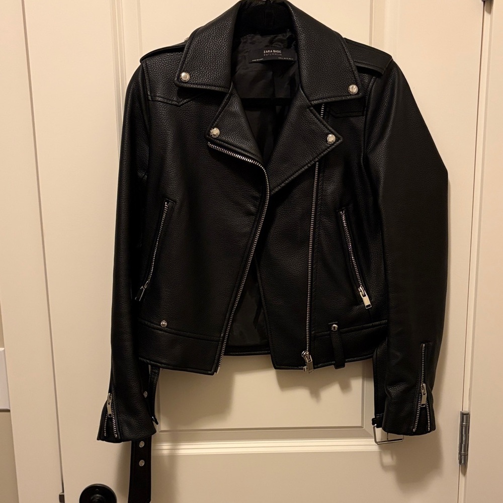Zara Black Faux Leather Biker Jacket with Silver Hardware
